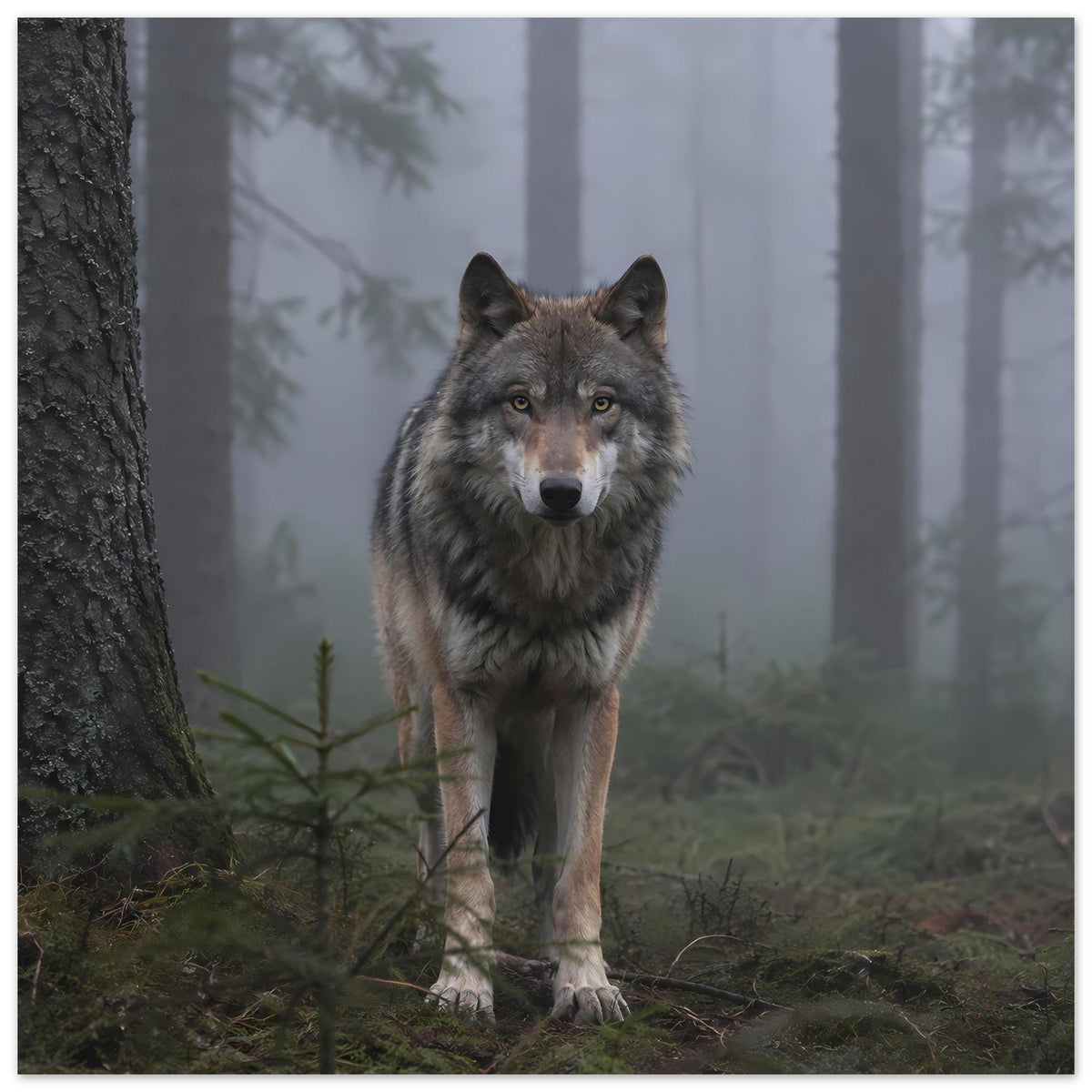 Poster mit grauem Wolf im Nebelwald vor Baumstamm links, frontal