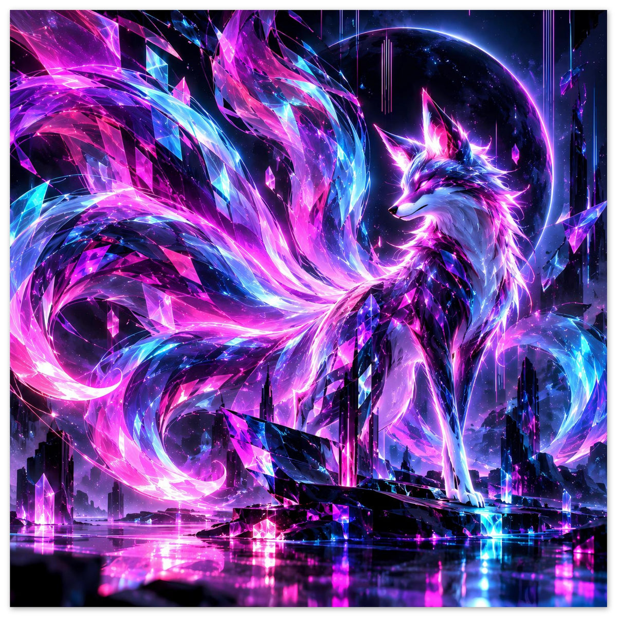 Fantasy-Neonfuchs-Poster mit dynamischen Lichtwirbeln in Pink, Blau und Lila