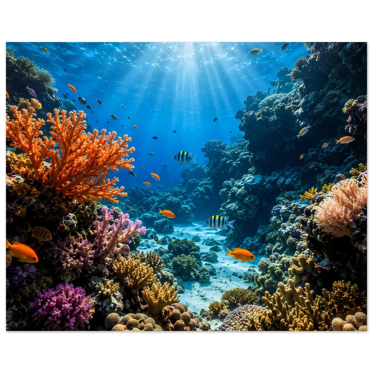Unterwasser-Poster mit Korallenriff, Fischen und Sonnenstrahlen über bunten Korallen