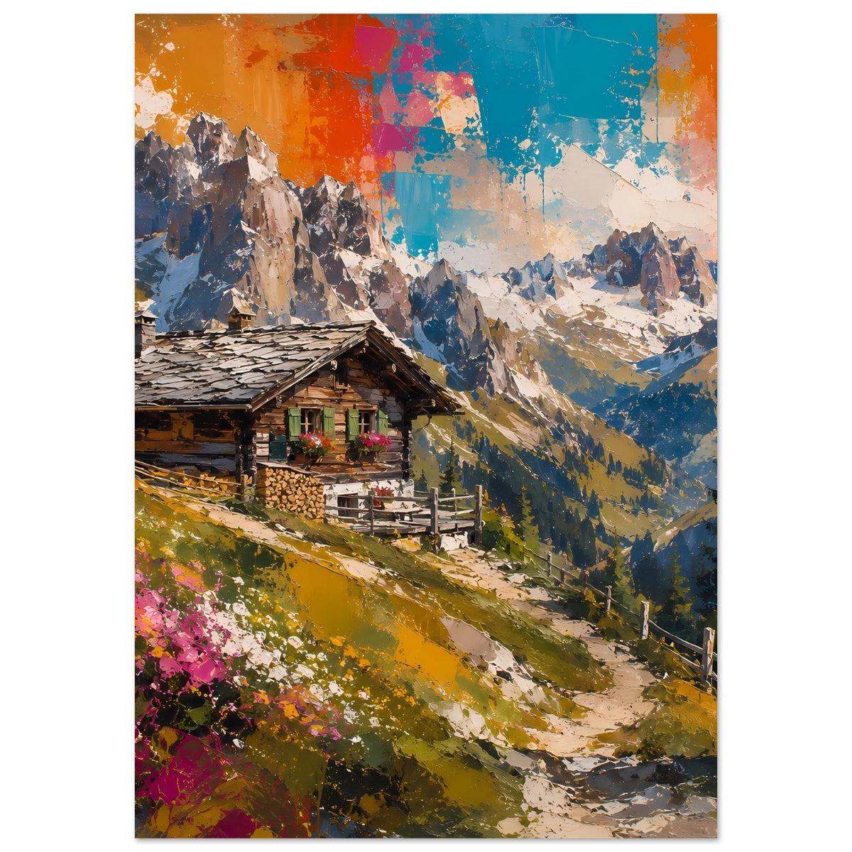 Poster: Alpenhütte am Hang mit Blumen, Berge und leuchtender Himmel in Orange/Blau