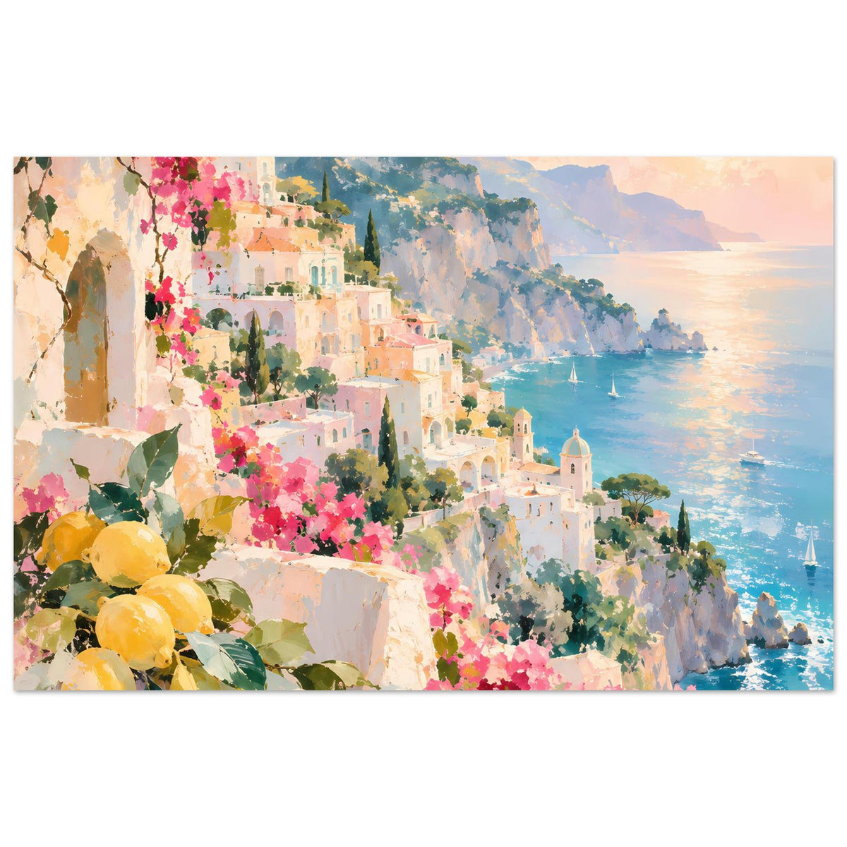 Breites Poster mit Küstenlandschaft: Dorf, Meer mit Segelbooten, rosa Blüten und Zitronen