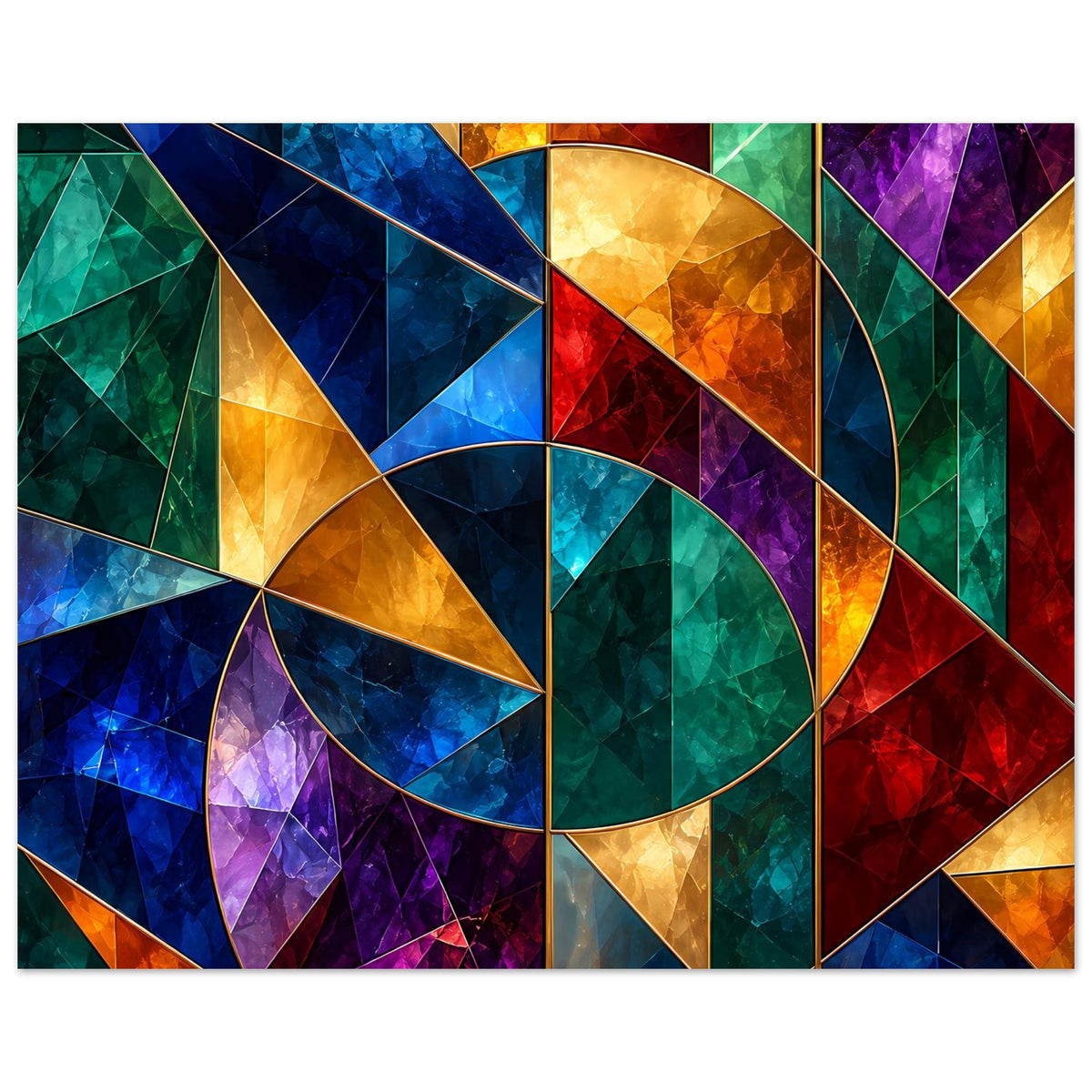 Geometrisches Buntglasposter, breite Farbflächen in Blau, Grün, Rot, mit Kreis