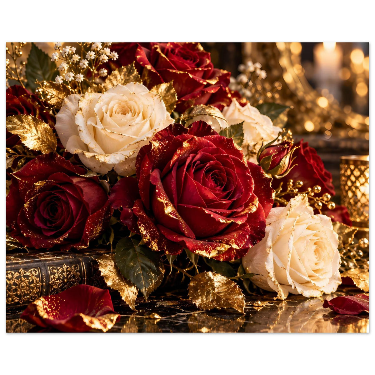 Poster mit Rosenstrauß: cremeweiße und bordeauxrote Rosen, goldene Akzente und dekorative Blütenzweige.