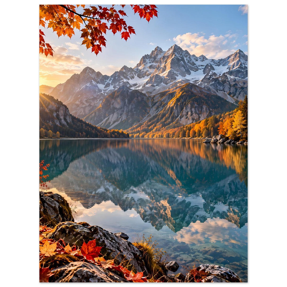 Herbstliches Landschaftsposter mit Bergen, See, Spiegelung und roten Ahornblättern am Rand
