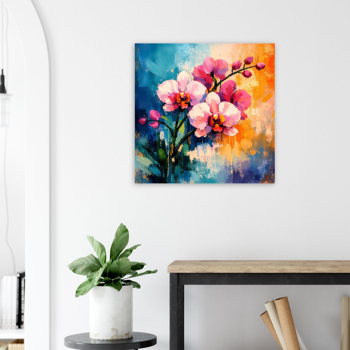 Quadratisches florales Poster an heller Wand mit pinken Blüten