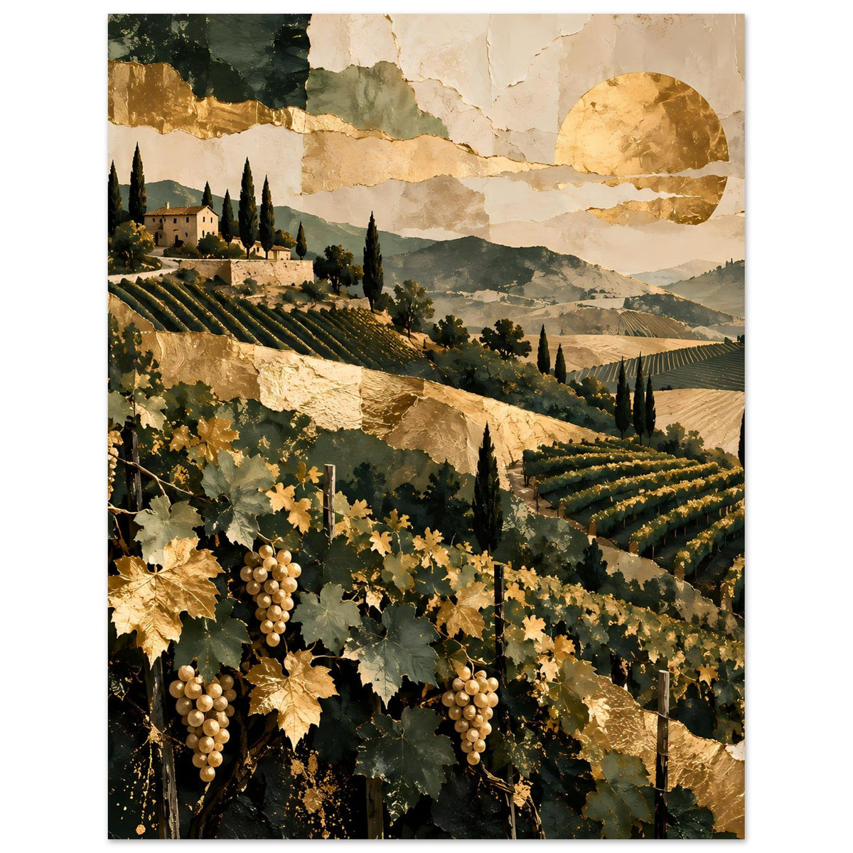 Vertikales Landschaftsposter: Weinberge mit goldenen Trauben, Zypressen und weichem Dunsthorizont