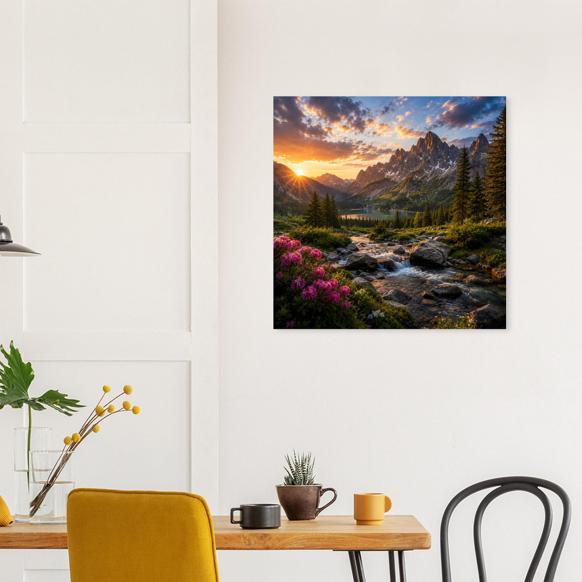 Quadratisches Poster mit Sonnenaufgang in den Bergen, Fluss zwischen Steinen und Blumen
