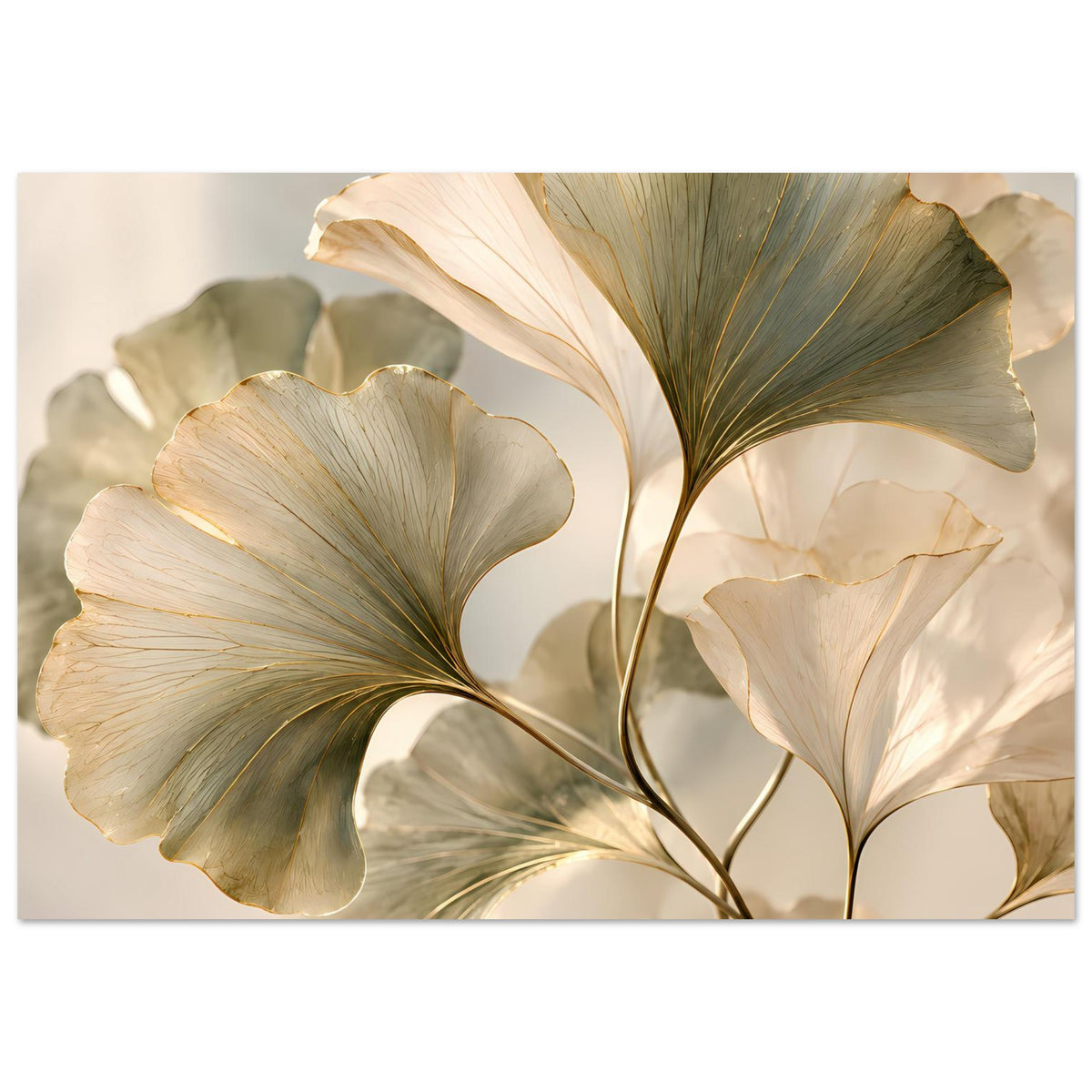Botanisches Blätterposter mit großen creme-goldenen Ginkgo-Blättern und grünen Adern
