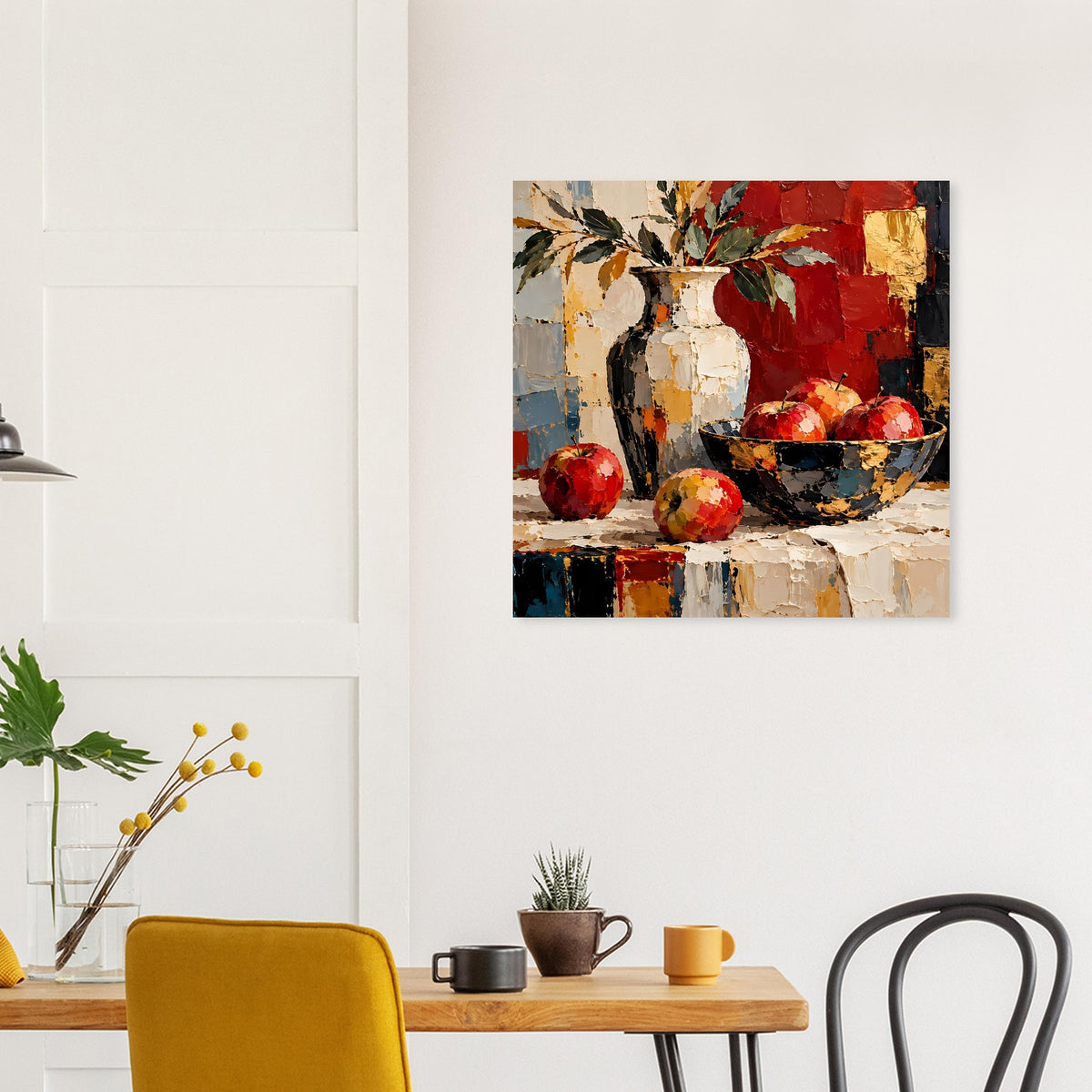 Gerahmtes Kunstposter Stillleben: weiße Vase, rote Früchte, dunkle Schale, erdige Pinselstriche