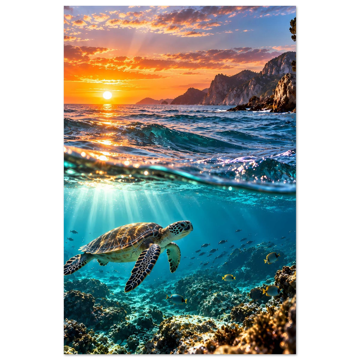 Poster Meeresschildkröte im Ozean bei Sonnenuntergang, Blick auf Küste