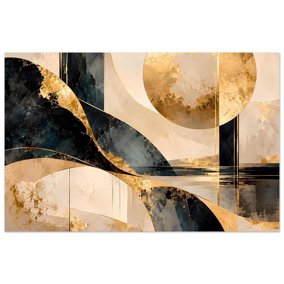 Abstraktes Poster mit Gold- und Schwarzlinien, Kreisen und geschwungenen Balken in Beige