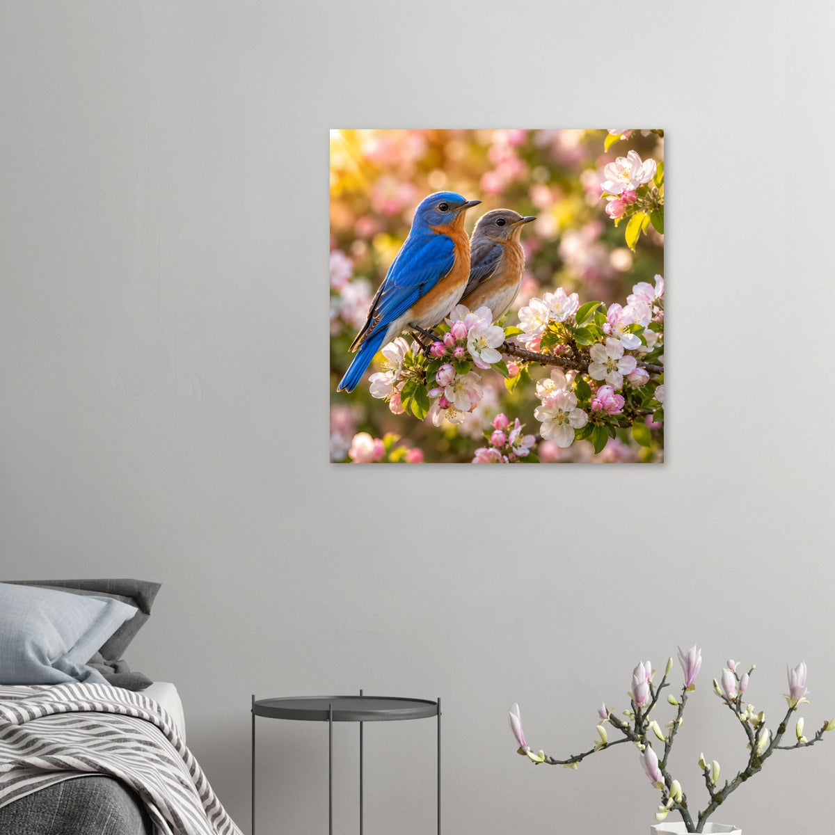 Kleines Poster mit zwei Vögeln auf Ast in rosa Blüten, vor grauer Wand