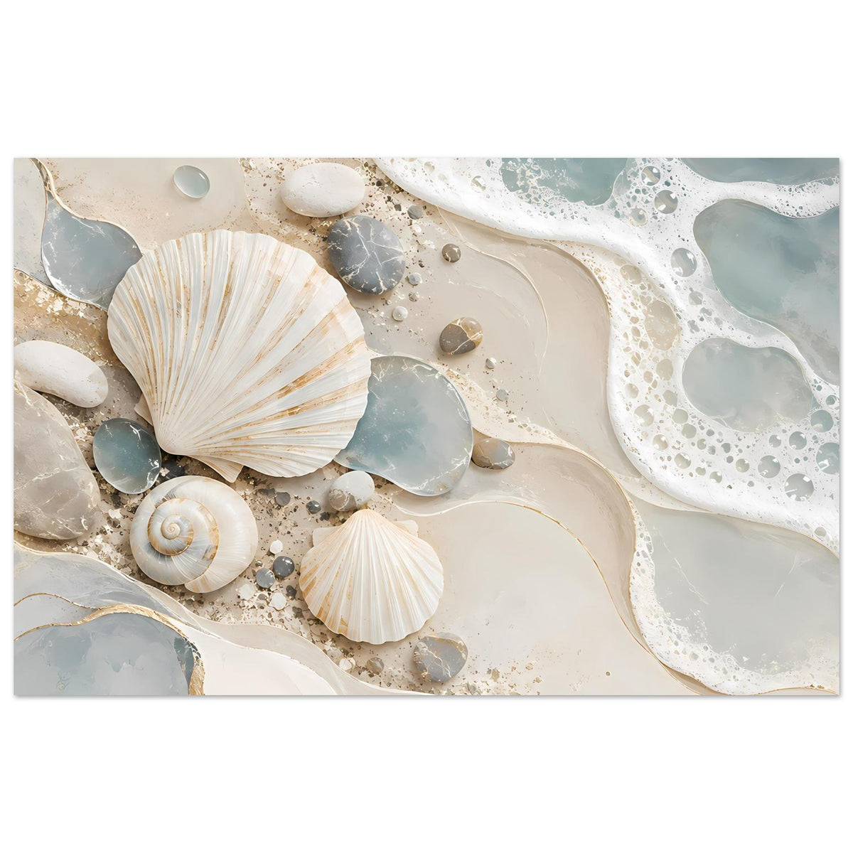 Seeposter mit Muscheln, Muschel-Silhouetten und schaumiger Wasseroberfläche in Creme und Blau