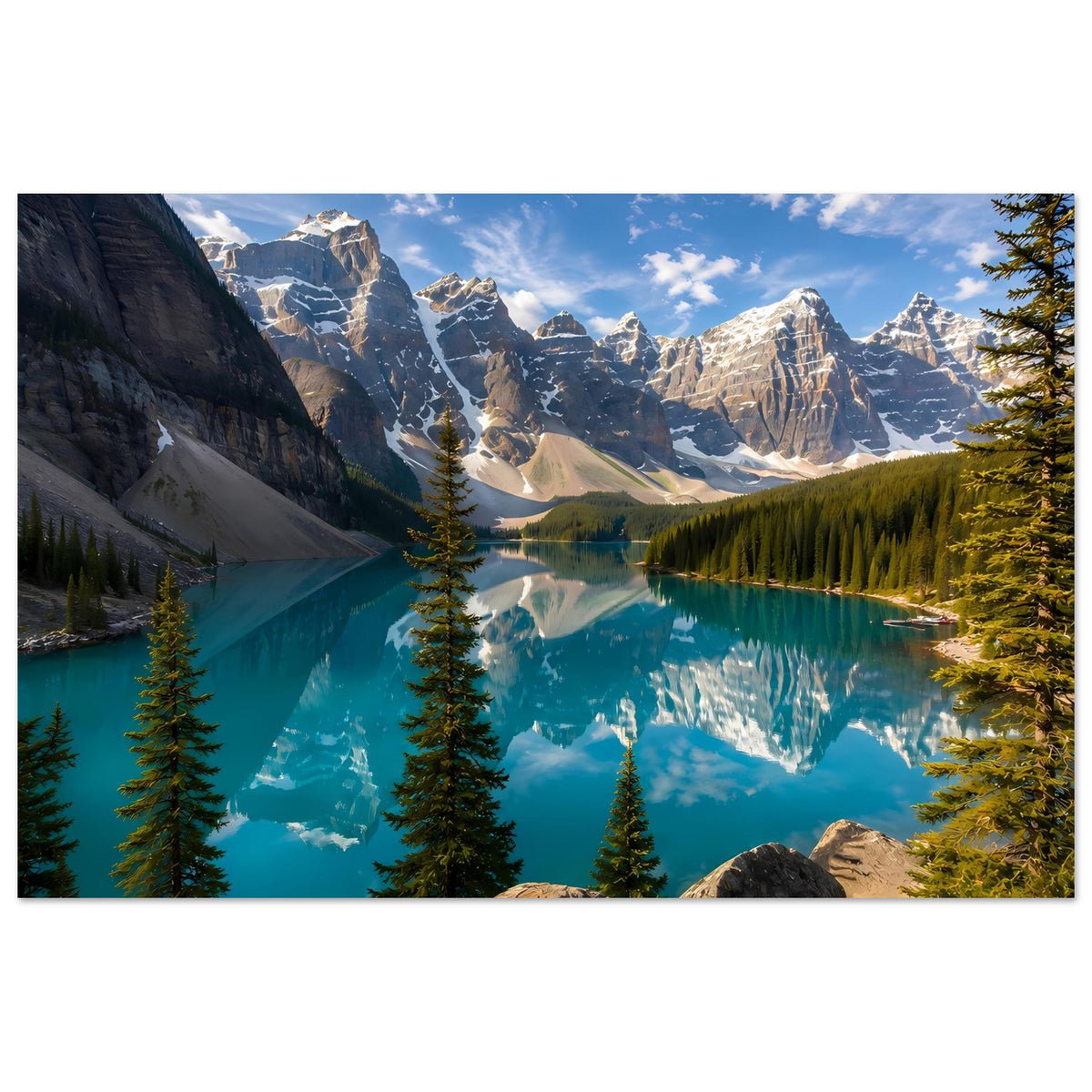 Querformat-Poster: türkisblauer See vor hohen Berggipfeln, Fichtenwald, Felsen unten