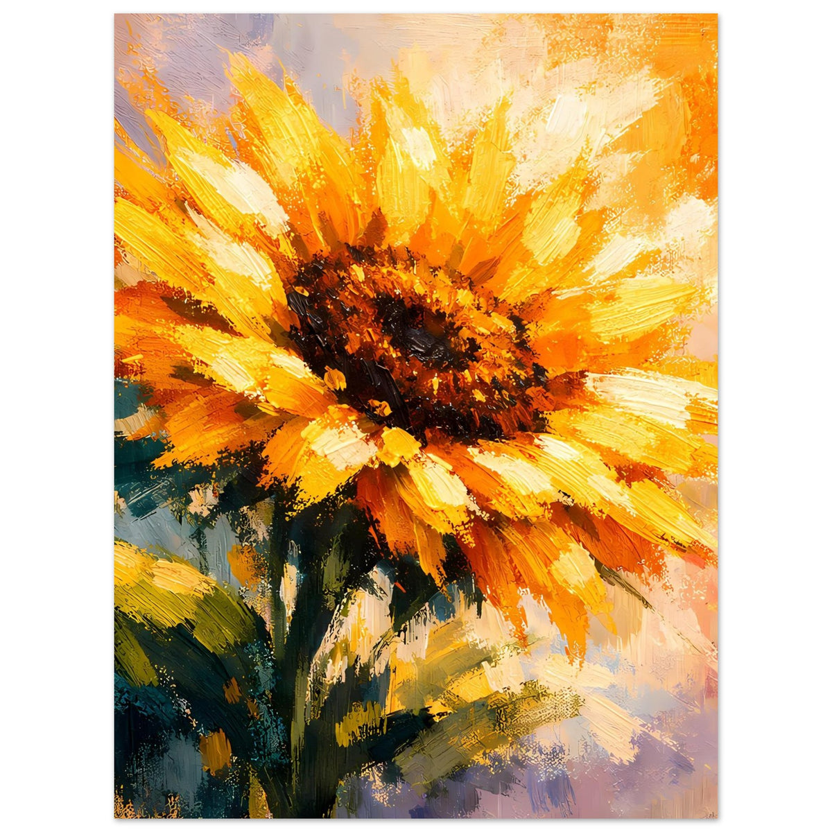Sonnenblumen-Poster im Hochformat: leuchtende gelbe Blütenstrahlen und grüne Blätter