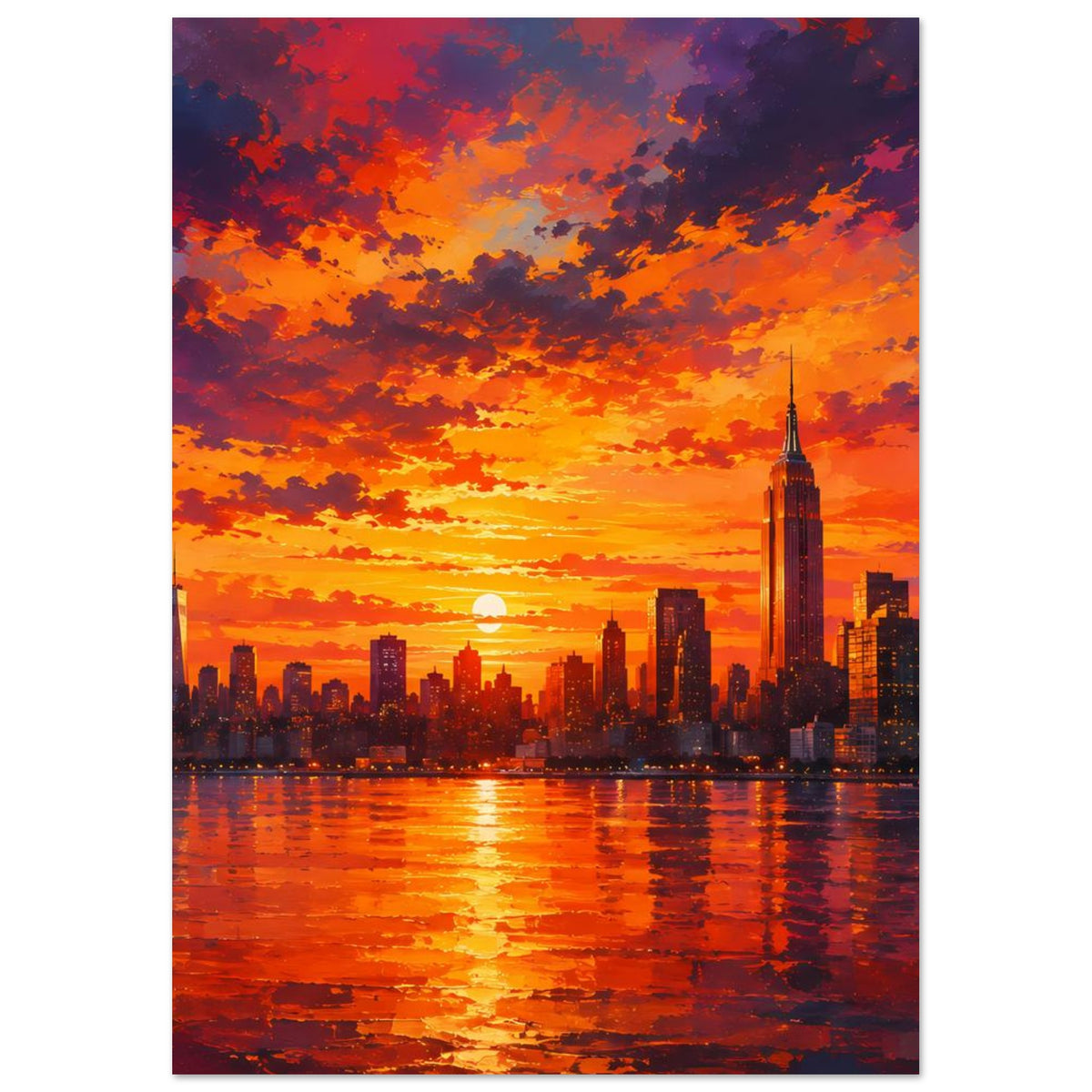 Stadtlandschafts-Poster mit Sonnenuntergang am Himmel, Skyline und Wasserreflexion