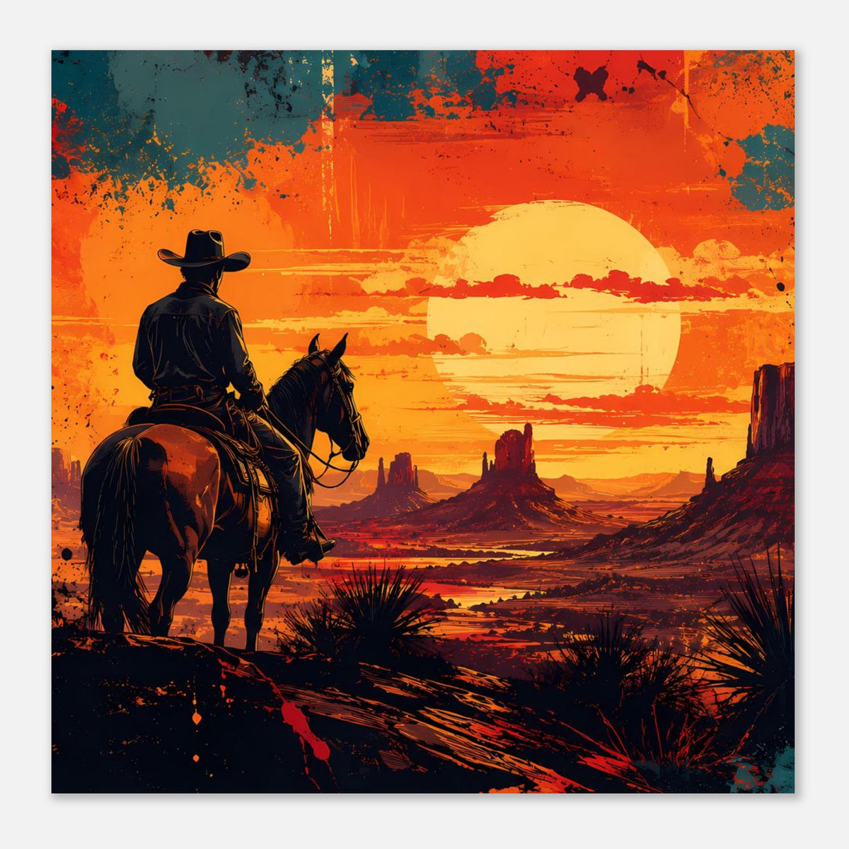 Cowboy-Poster im Quadrat: Reiter auf Pferd vor Wüste mit großem gelbem Mond