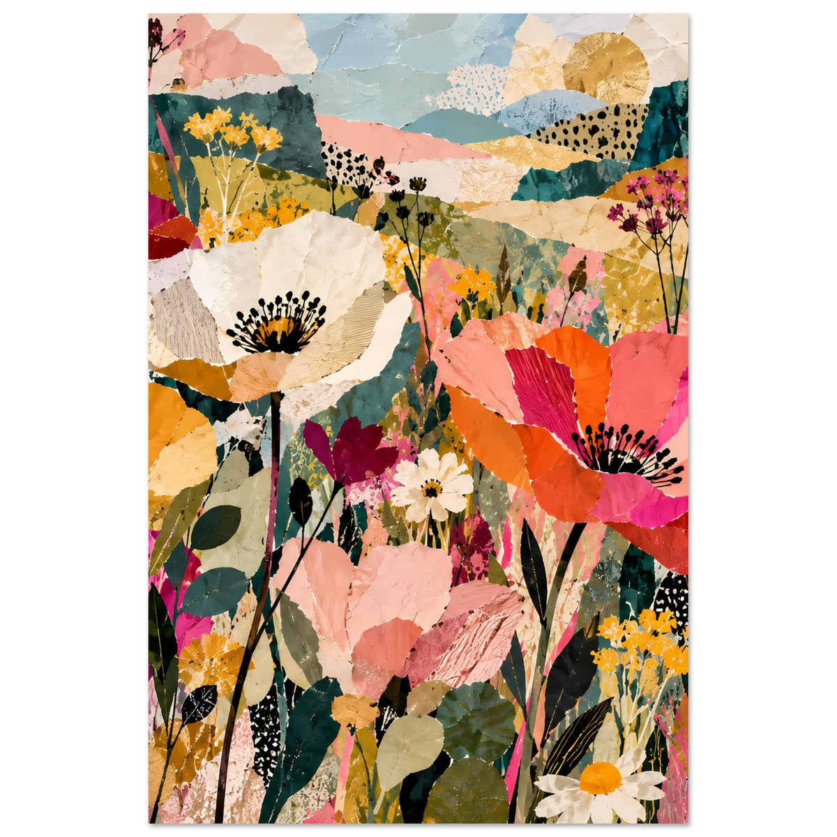 Buntes Hochformat-Poster mit floraler Collage aus abstrakten Blüten und Pflanzen