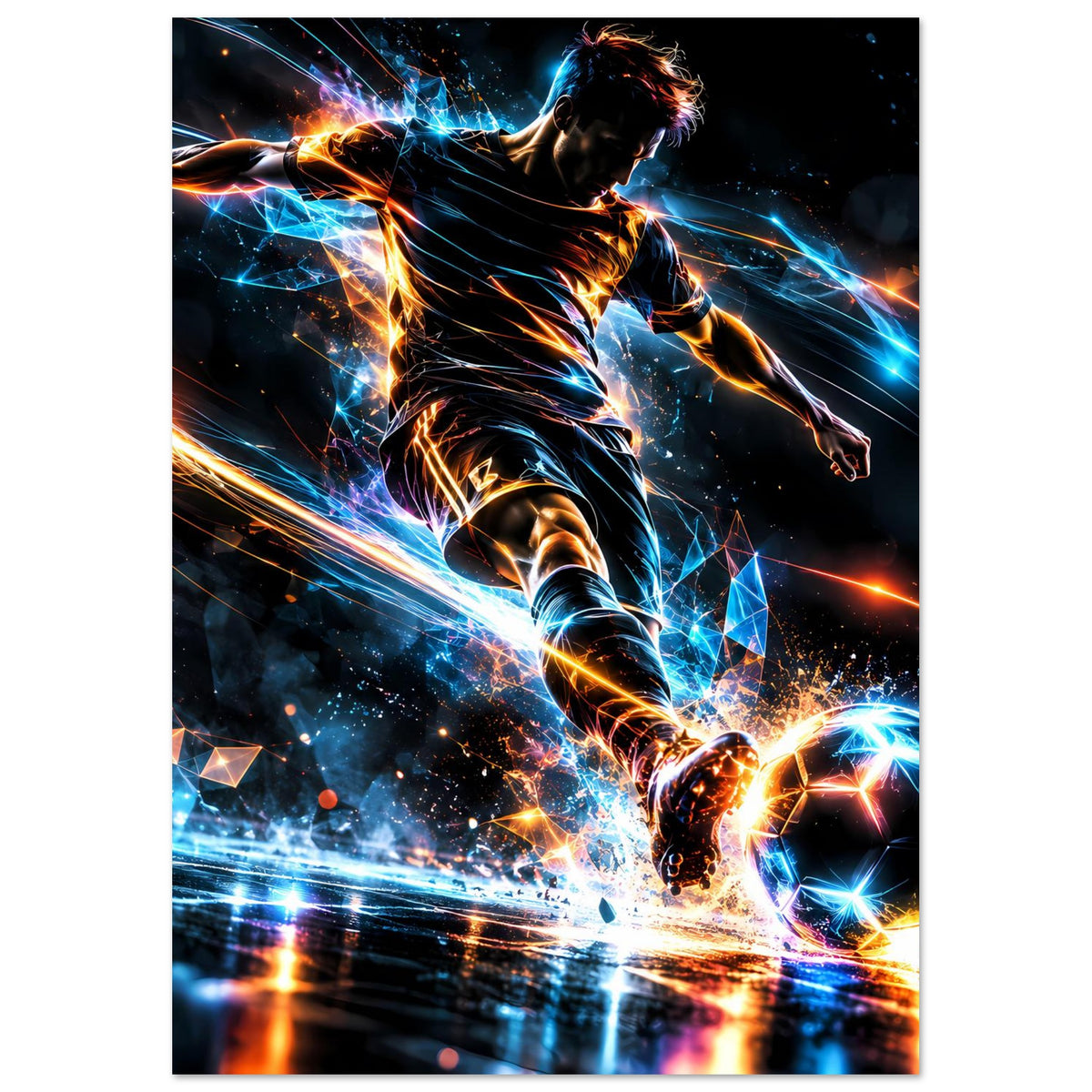 Neon-Fußball-Actionposter, vertikal: Stürmer in dynamischer Pose, leuchtende Ball-Highlights