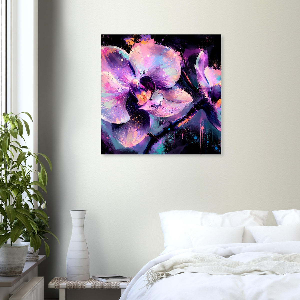 Gerahmtes Neon-Orchideenposter mit violetter und pinker Blütenkomposition.