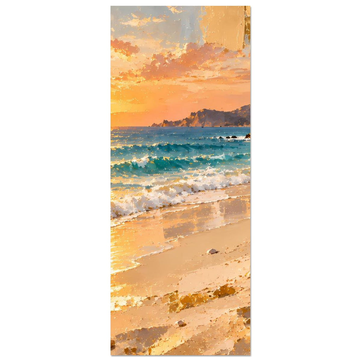 Vertikales Strandposter: orange Sonnenuntergang, Wellen, Sandstrand und Zweige