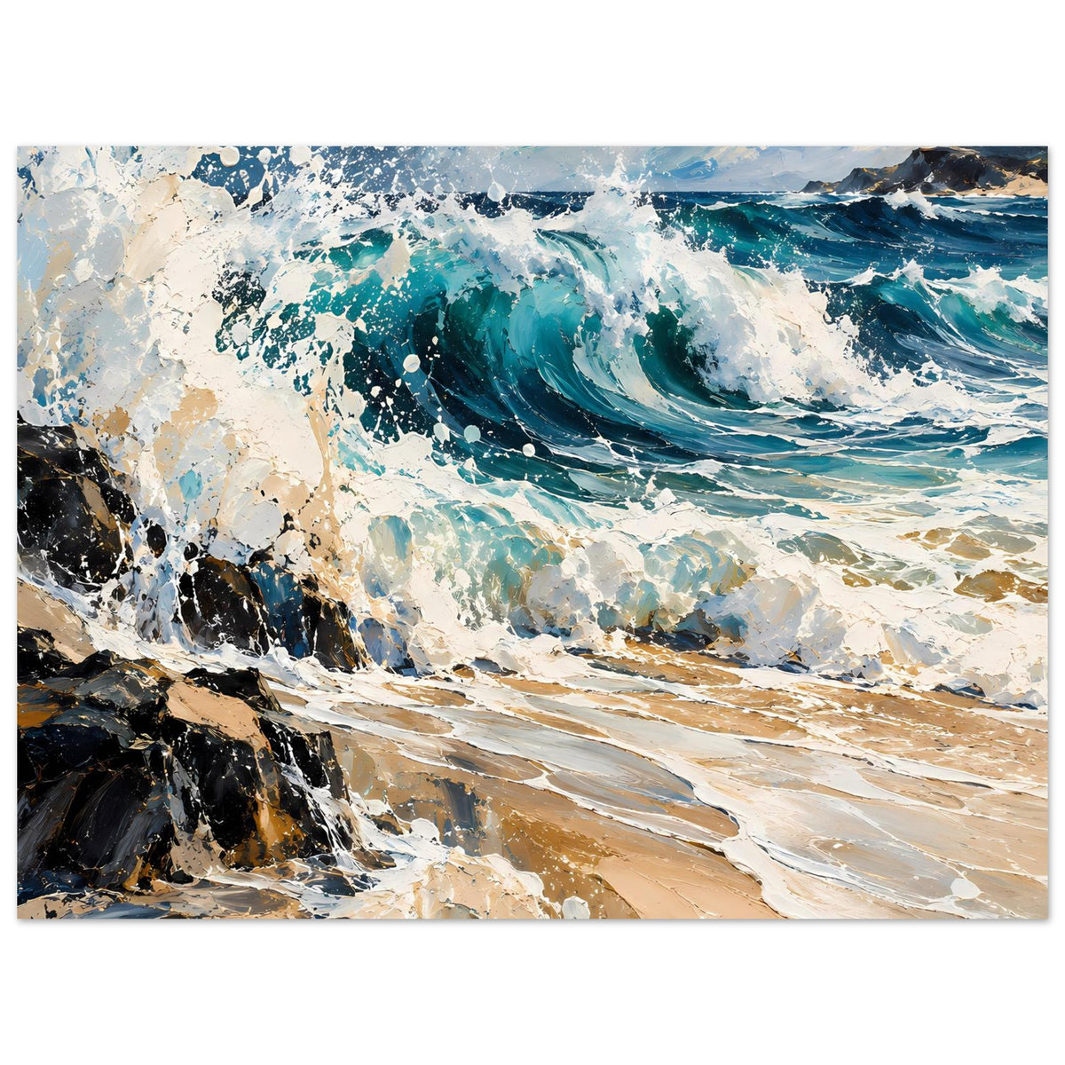 Querformatiger Wanddruck mit Meereswellen, weißem Schaum und dunklen Felsen in Blau und Beige