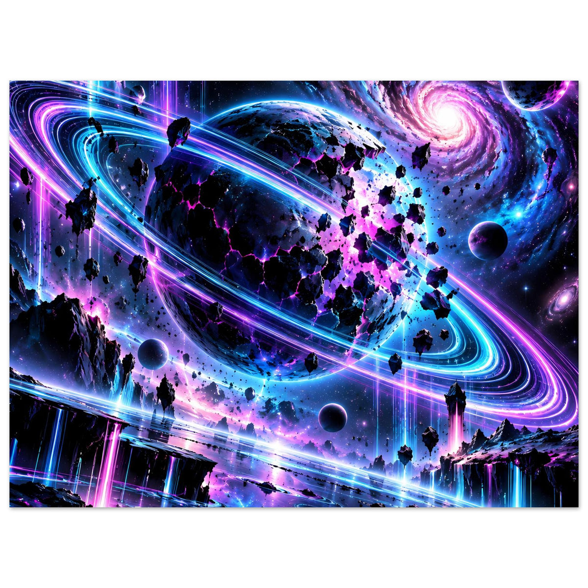 Neon-Galaxie-Poster, naher Ausschnitt: Spiralgalaxie, Planeten, leuchtende Kurven und Rakete