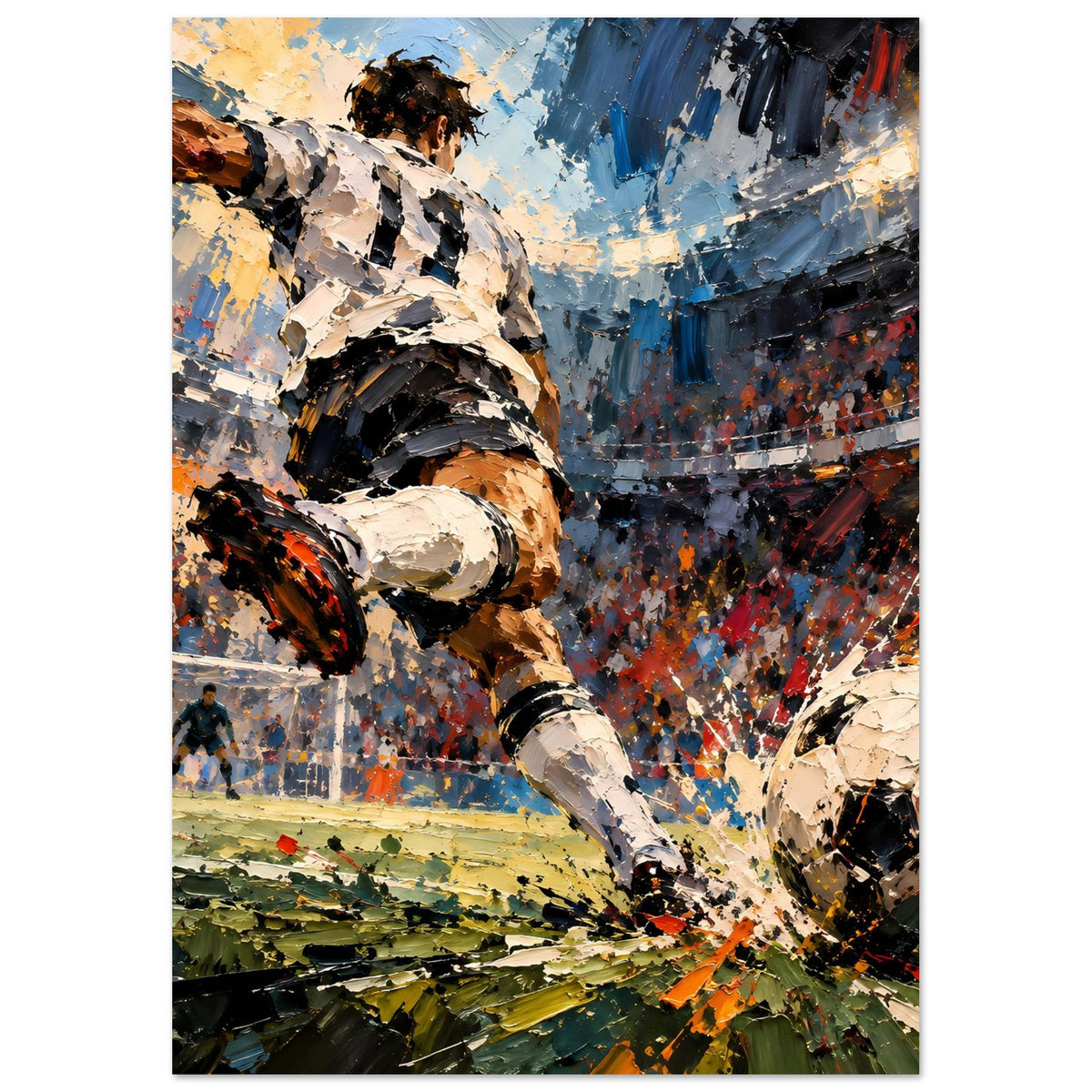 Fußball-Actionposter im Malstil: Kicker links, Ball rechts, viele Farben und Tor im Hintergrund