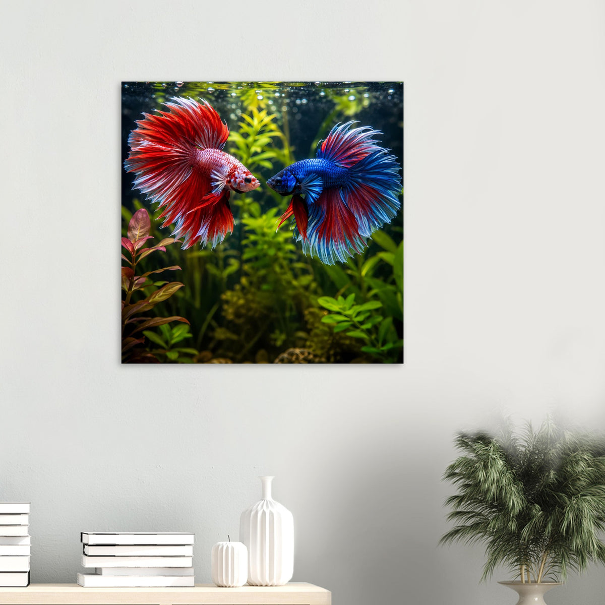 Kunstposter mit zwei Kampffischen, roter und blauer Flosse, zentral ausgerichtet.