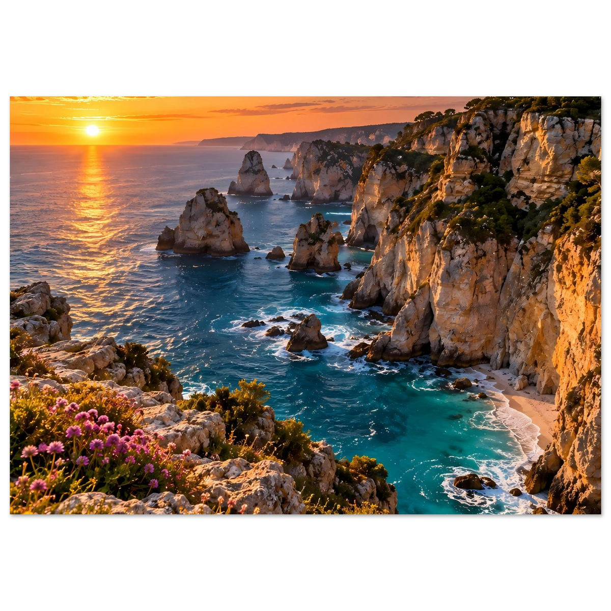 Küstenposter im Hochformat mit Felsklippen rechts, türkisfarbenem Meer und goldener Morgensonne