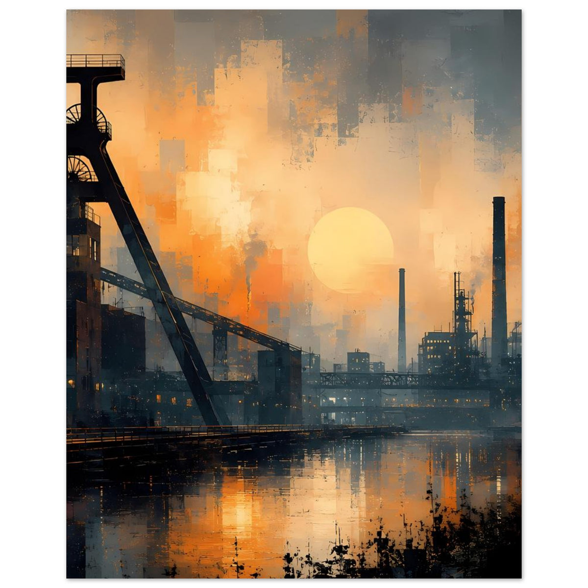 Industrie-Dämmerung Poster, vertikal: Fabrikanlagen links, großer Sonnenball, Reflexion unten