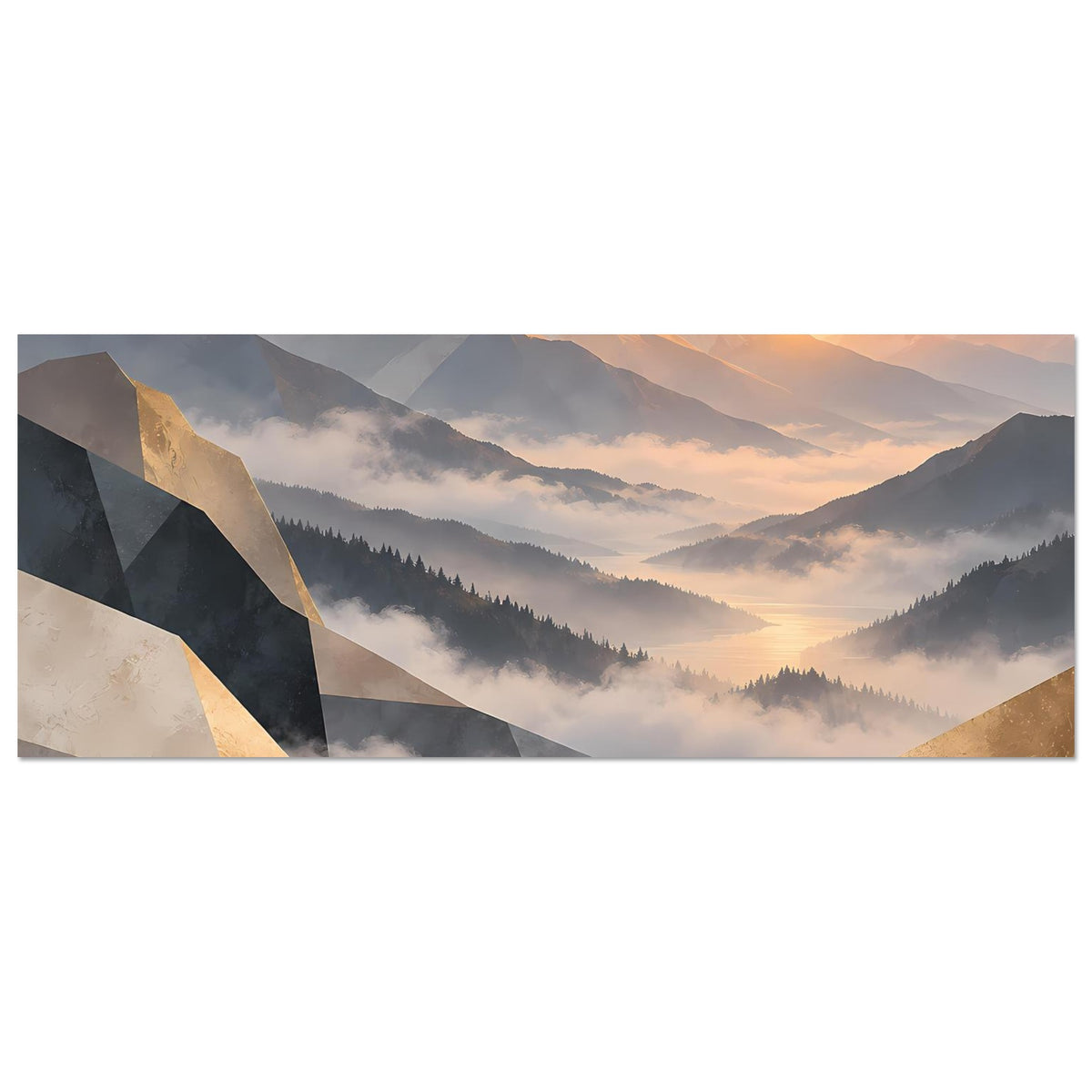 Querformat-Poster mit Bergpanorama und Sonnenaufgang, abstrakte Goldakzente, Pastellfarben