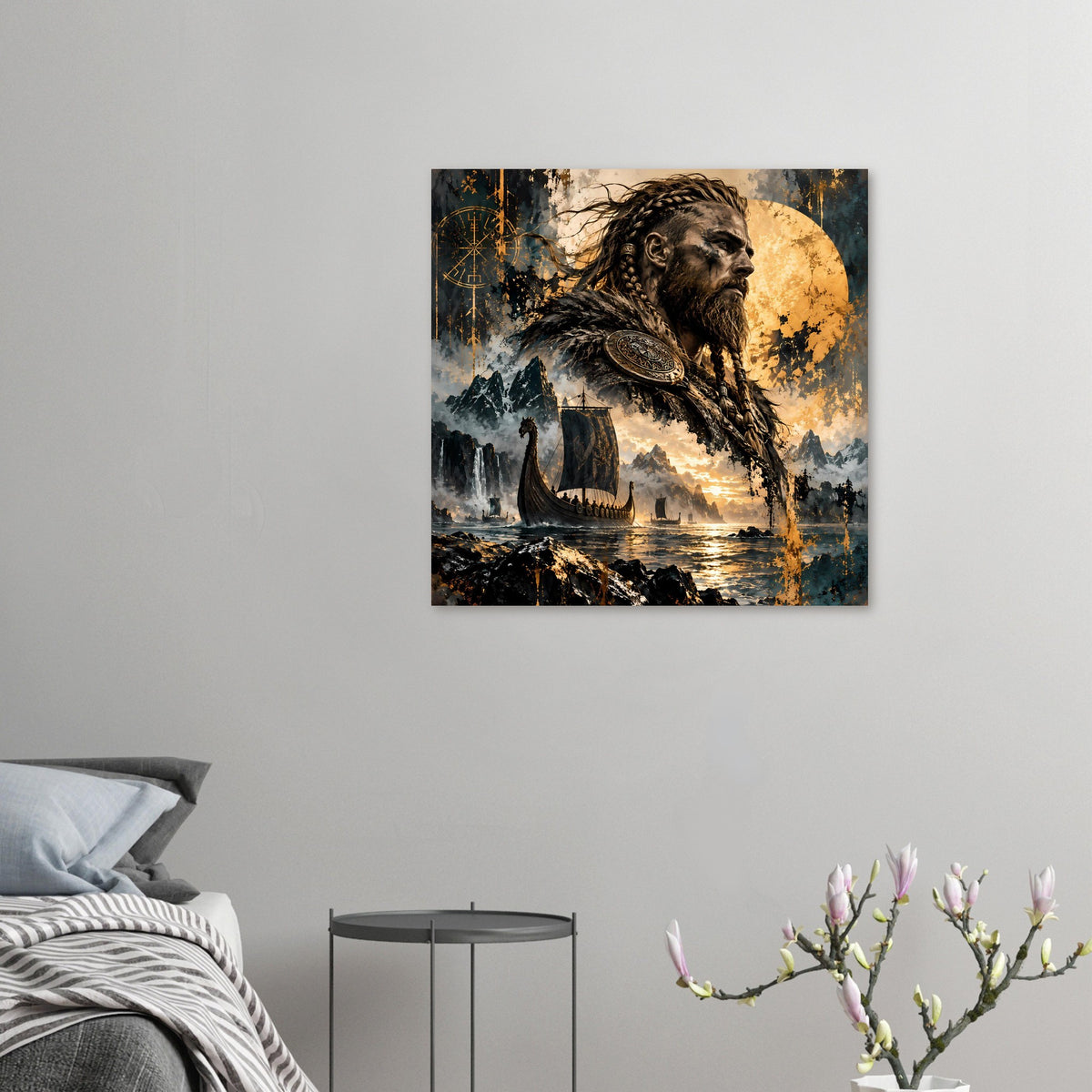 Quadratisches Poster: Viking-Kriegerprofil, Schild am Rücken, Schiff und felsige Küste