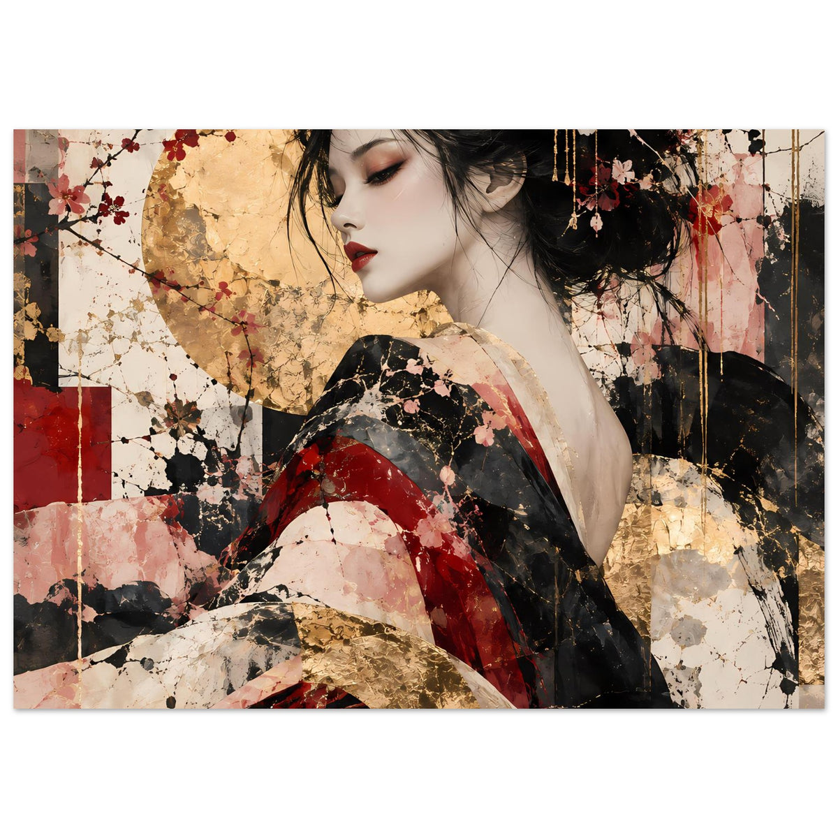 Asiatisches Kunstposter, horizontale Ansicht mit Frau und abstrakten Musterflächen in Rot und Gold