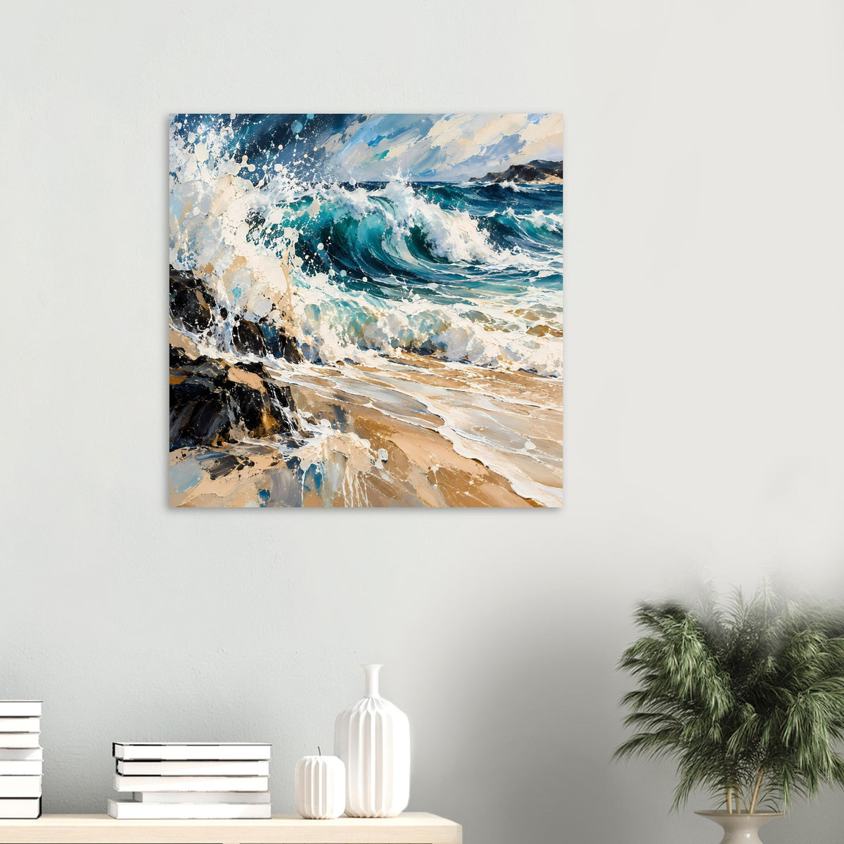 Kleines Meer-Wellenkunstposter: schäumende Brandung in Blau und Beige mit felsigem Rand