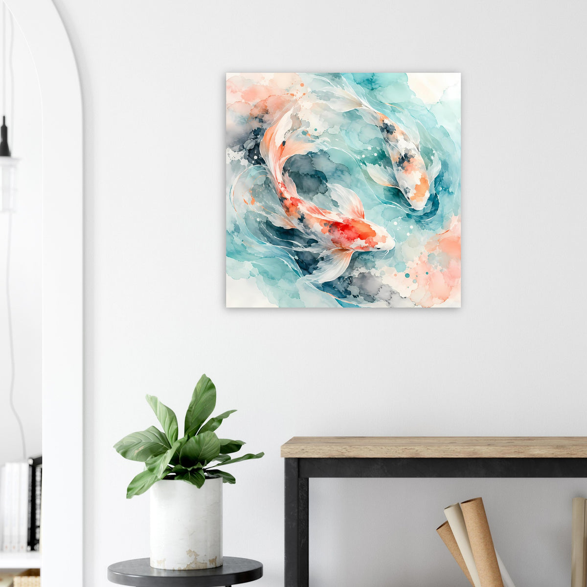 Gerahmtes Koi-Fische Poster, aquarellierte Koi in Blau, Türkis und Korallton