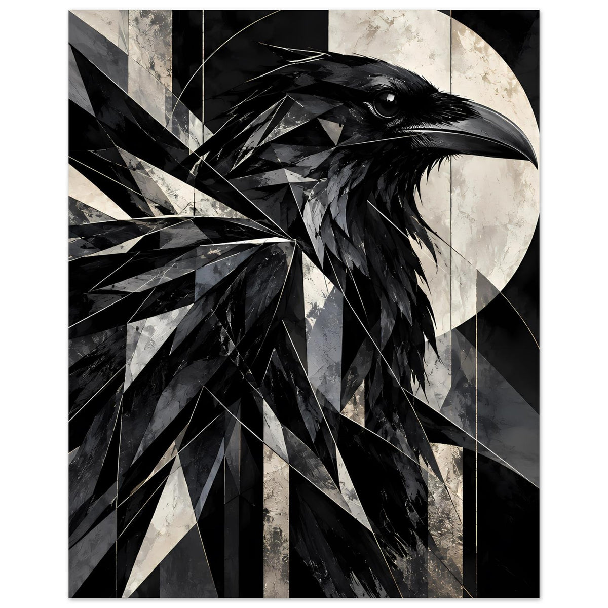 Kunstposter mit geometrischem Raben, schwarzweißer Blick auf Auge, Schnabel und Flügel