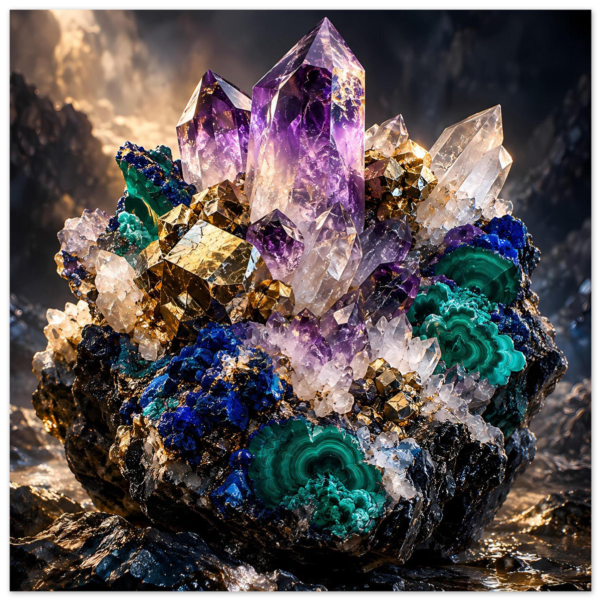 Kristallposter mit violetten Amethyst- und grünen Malachitkristallen, glitzernde Details