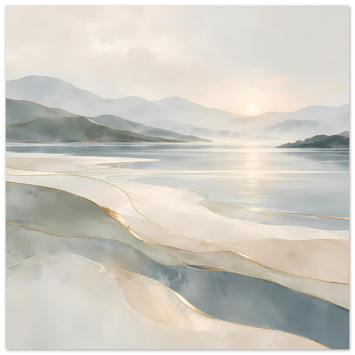 Poster mit Küstenlandschaft in Beige und Grau, goldfarbene Akzentlinien über Wasser