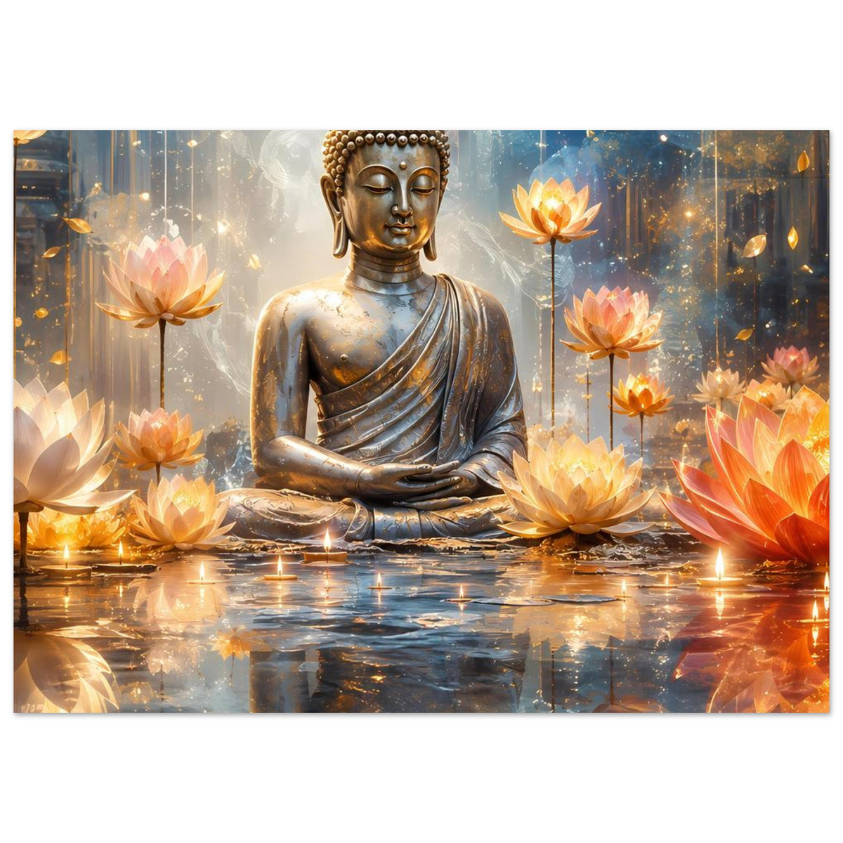 Horizontales Buddha-Poster mit orangefarbenen Lotusblumen, Lichterglanz und Spiegelung