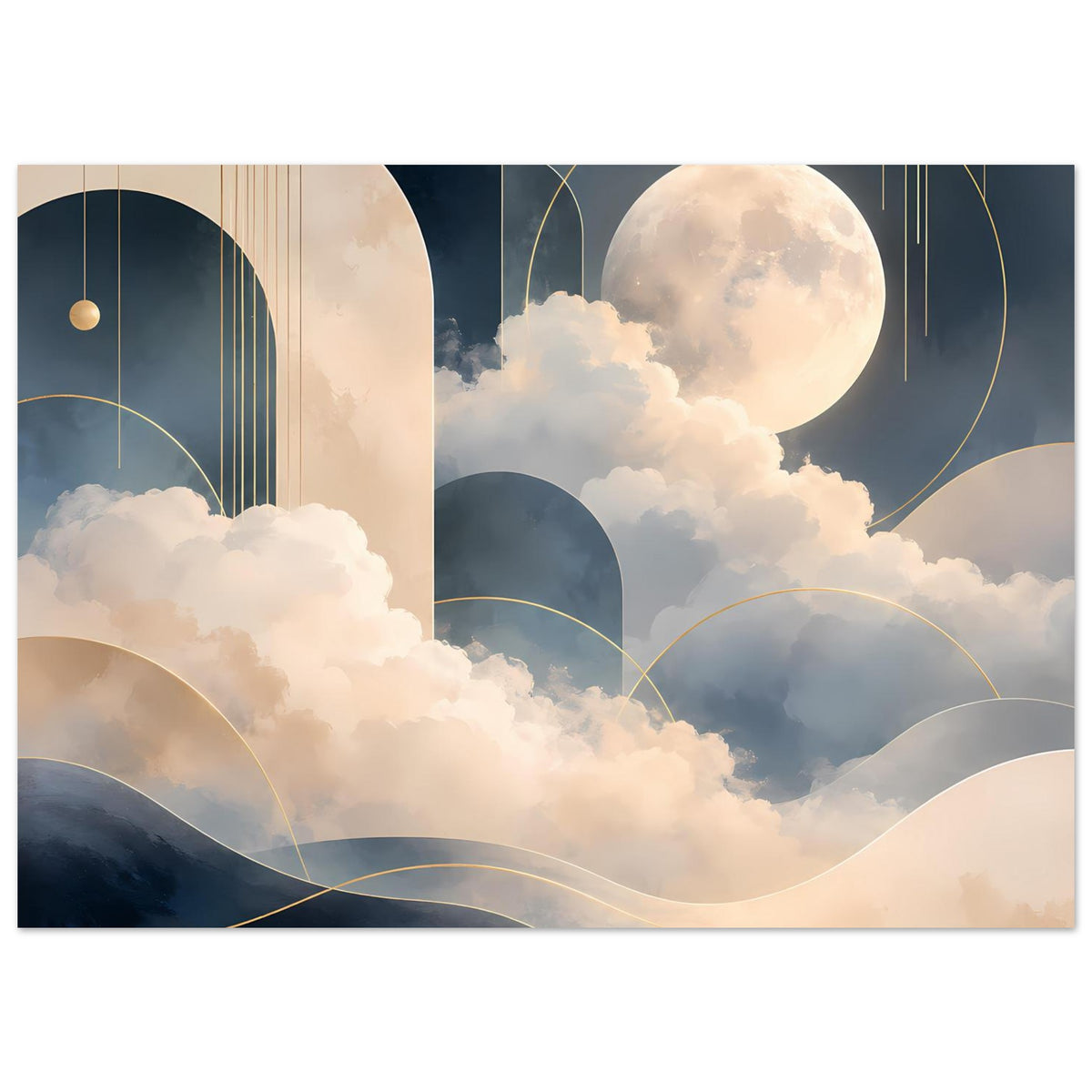 Poster mit abstrakten Wolkenwelten: Mond, geschichtete Hügel und goldfarbene Konturlinien