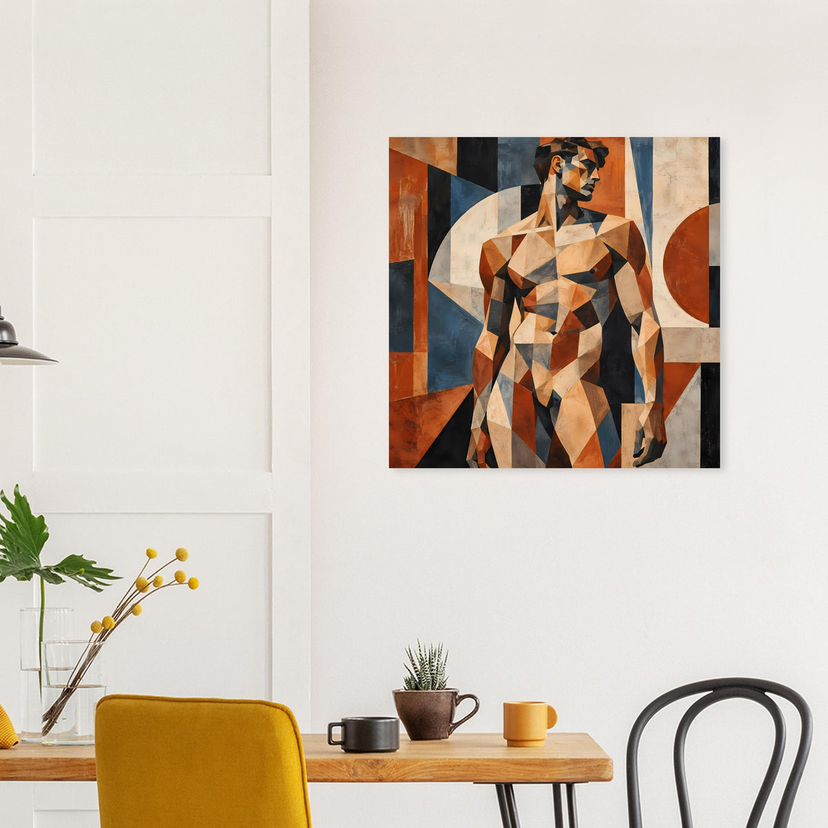 Moderner Posterprint mit geometrischem Akt-Mann, warme Erdtöne, markante Dreiecksformen