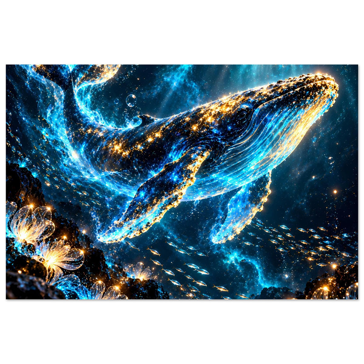 Leuchtendes Walmeer-Poster, Nahansicht-Feeling: Wale mit goldenen Funken in Blau