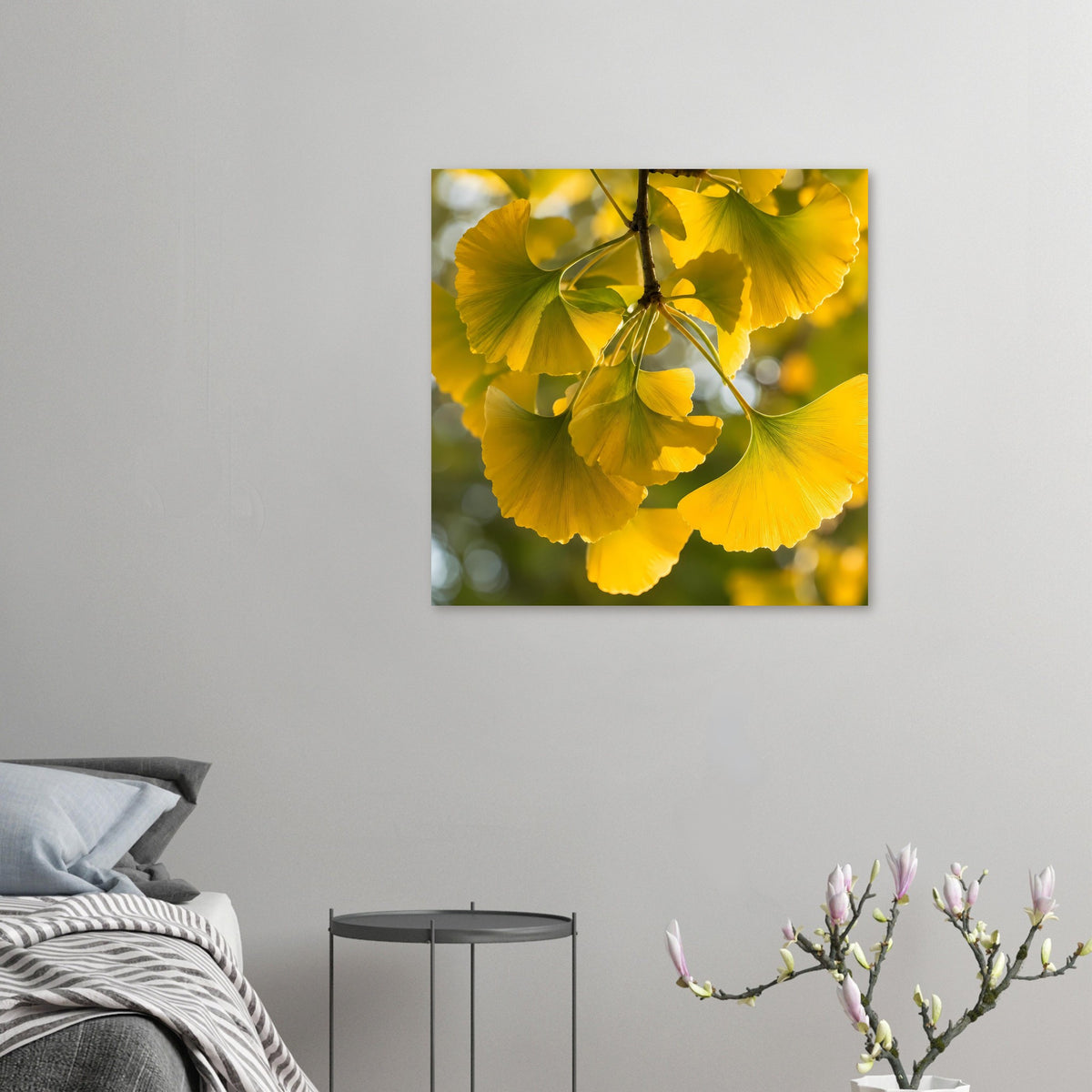 Kleines Ginkgoblatt-Poster mit gelben Blattwedeln und grünen Blattadern am Ast