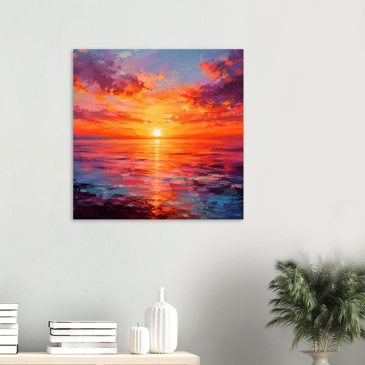 Quadratisches Poster mit orange-violettem Sonnenuntergang über dem Meer und Lichtreflexen
