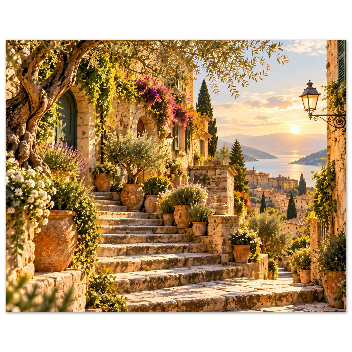 Querformat-Poster: mediterrane Terrasse mit Stufen, Töpfen und Landschaftsblick zum Wasser, horizontal.