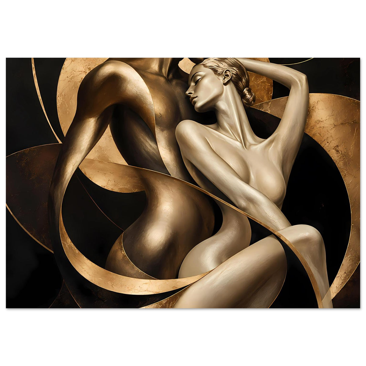 Kunstposter mit gold- und bronzefarbener Akt-Skulptur zweier Figuren, schwarzem Rahmen