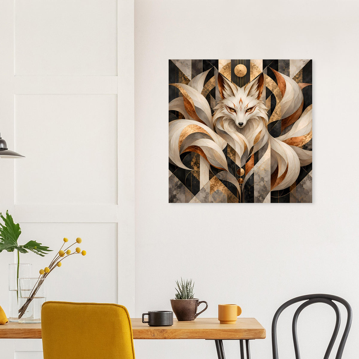 Geometrisches Fuchs-Poster mit Fuchsgesicht, Erdtönen und goldenen Details
