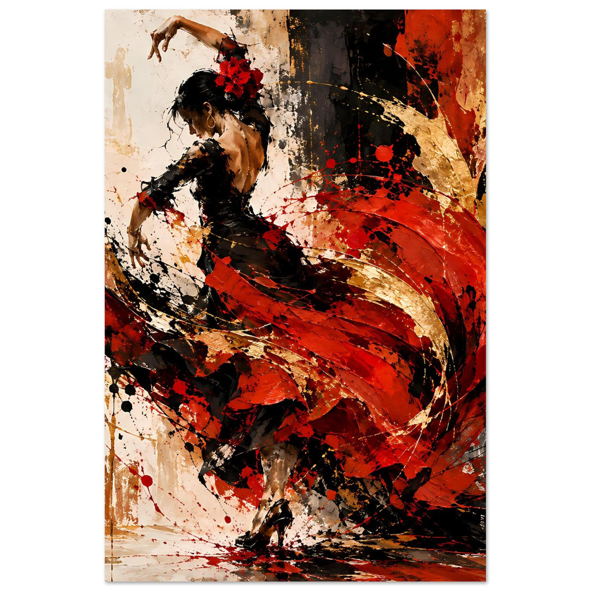Flamenco-Feuer Poster, Hochformat: Tänzerin auf abstraktem Hintergrund in Rot und Schwarz.