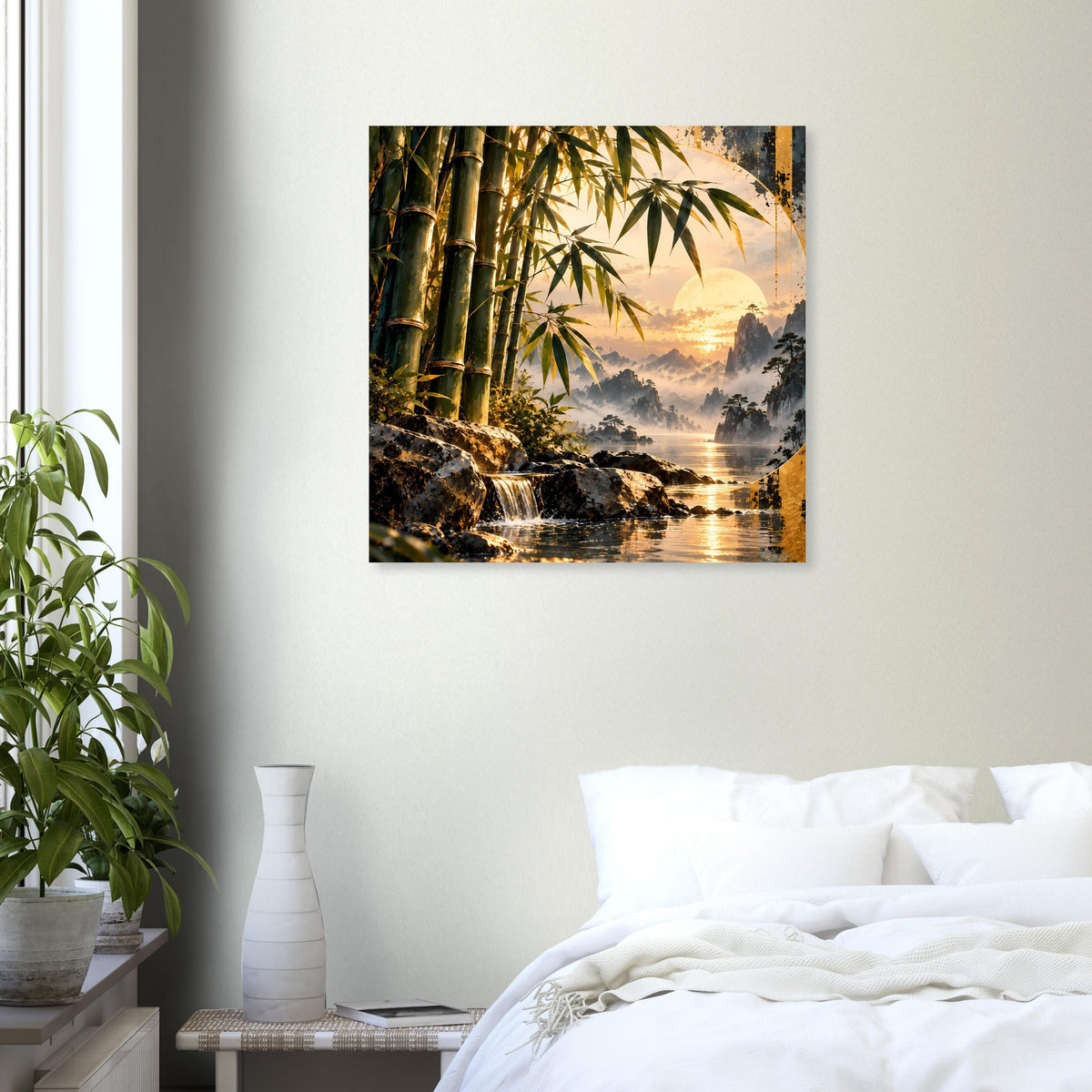 Quadratisches Poster mit Bambus und Wasserfall bei Sonnenuntergang, im Rahmen